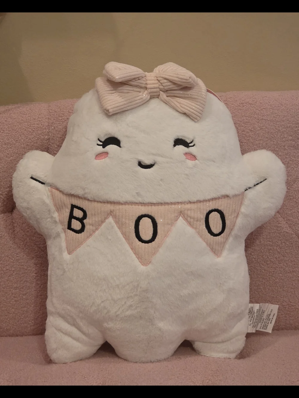 Cute White Plush 'BOO' Ghost Pillow with Pink Bow